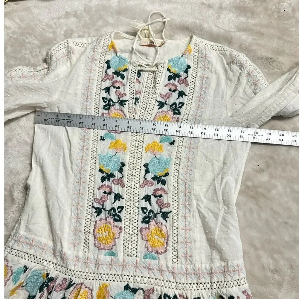 Tory Burch Mini Dress Women's XS White Blue Embroidered Boho Long Sleeve V-Neck